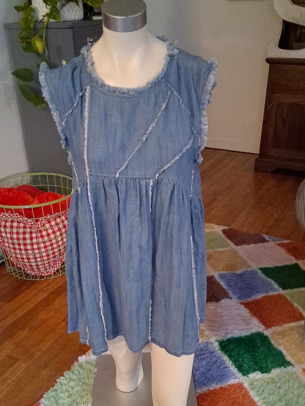 Blue Denim-Style Frayed Mini Dress/ Tunic